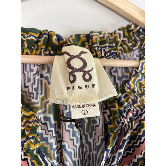 NWT Figue Cleo Silk Ruffle Neck Belted Mini Dress Medallion Multi Spruce Large - Picture 5 of 8